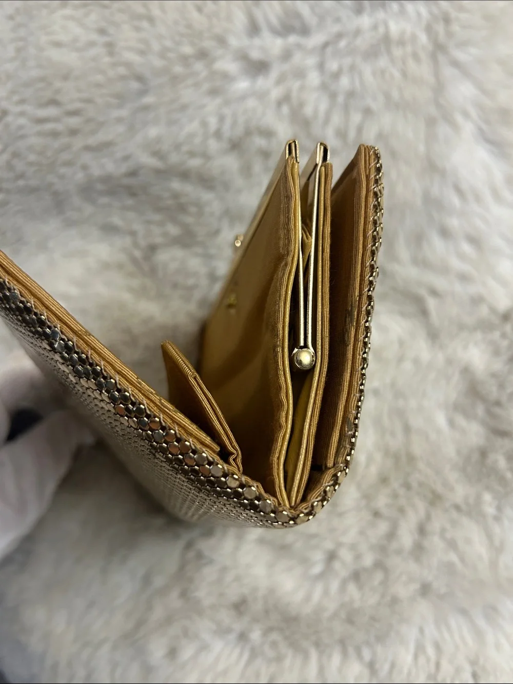 Whiting and Davis Vintage 1970’s gold mesh organizer clutch wallet